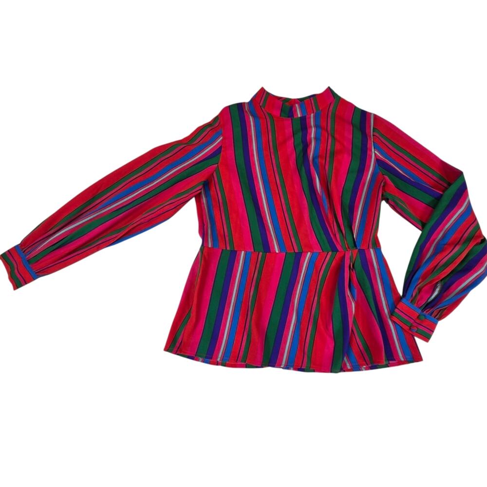 ASOS Faux Wrap Peplum Blouse Mock Neck Balloon Sleeve Multicolor Stripe 70s